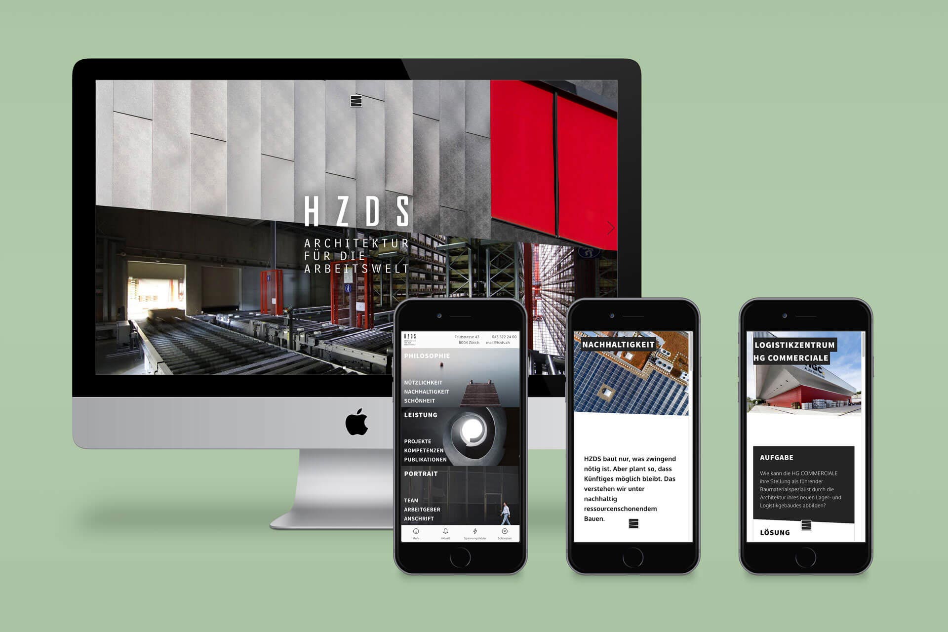 iMac Bildschirm und drei Smartphones mit Website von HZDS