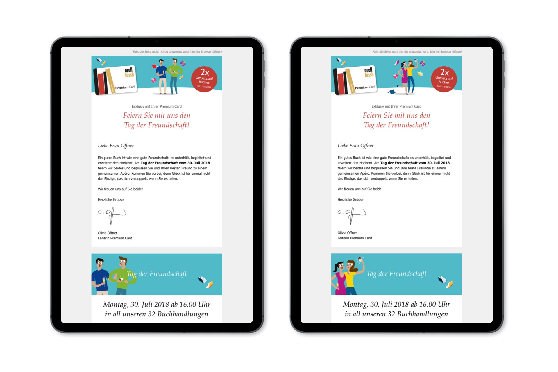 Zwei Tablets mit festlichem Newsletter für Orell Füssli Premium Card Besitzer