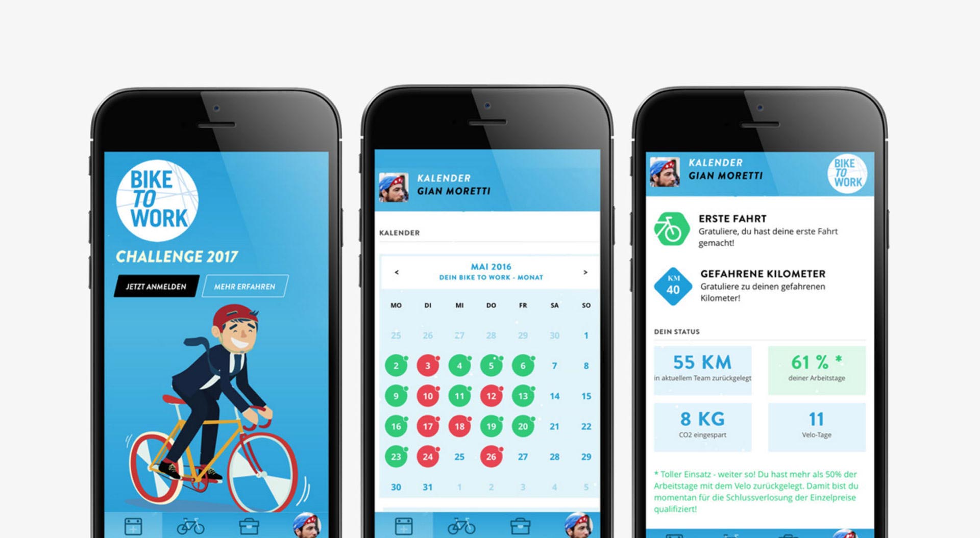 Drei Smartphones mit bike to work App 2017