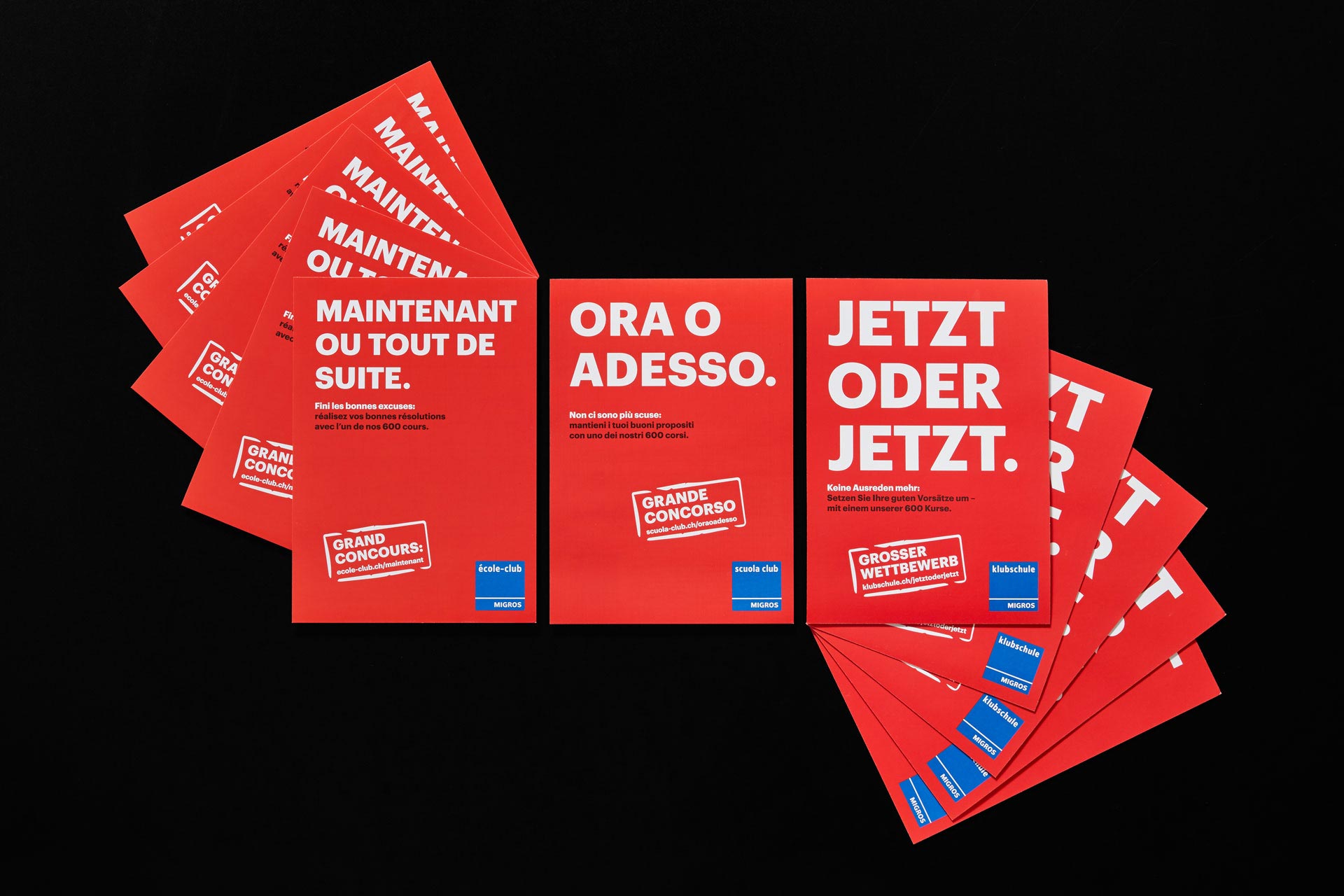 Migros Clubschule Neujahrs-Flyer mit Wettbewerb auf Französisch, Detsch und Italienisch