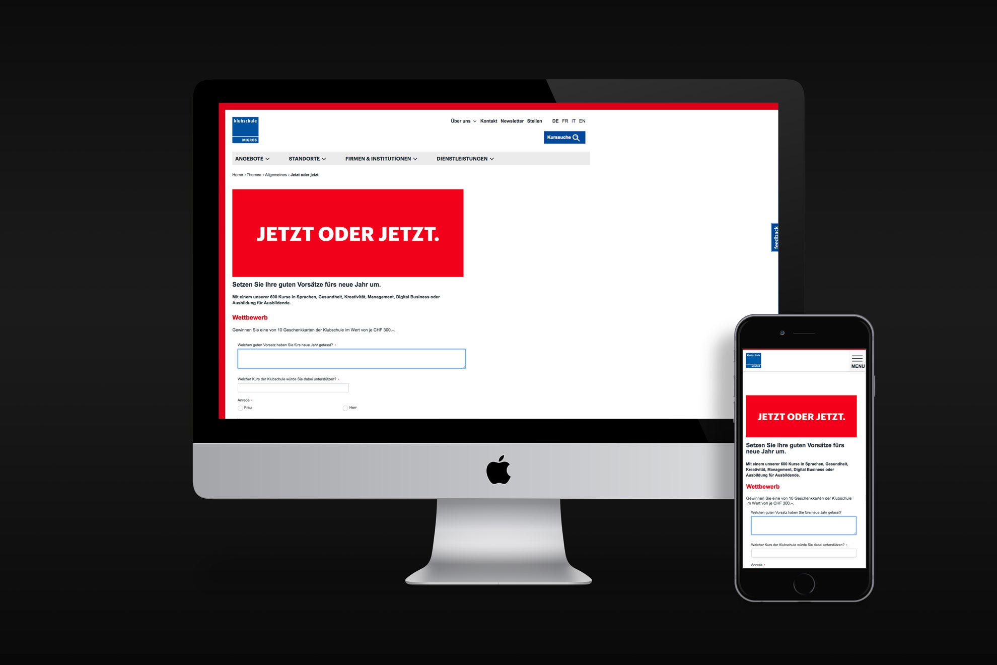 iMac Bildschirm und Mobile mit Website Migros Clubschule Wettbewerb